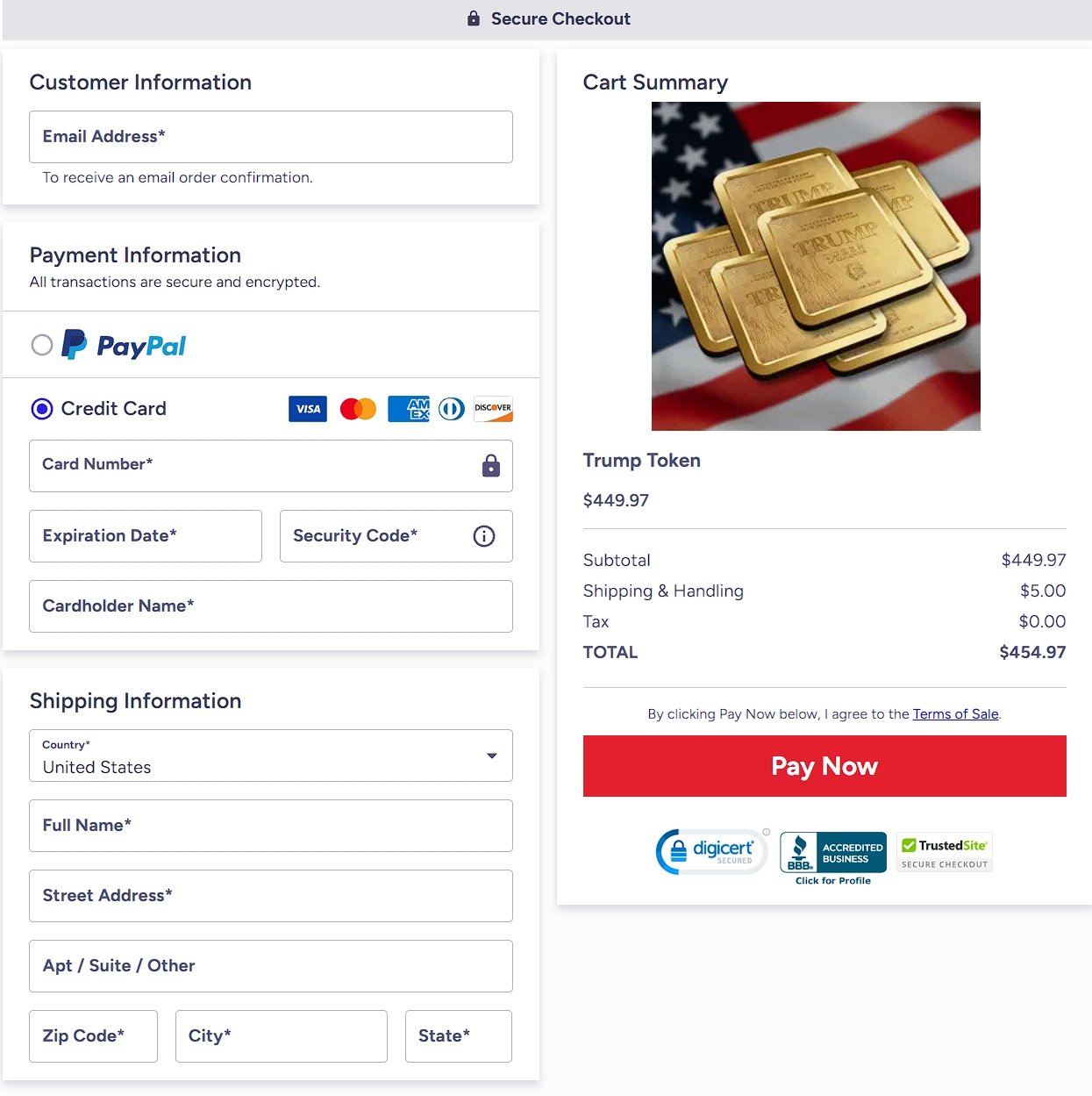 checkout page of trump token